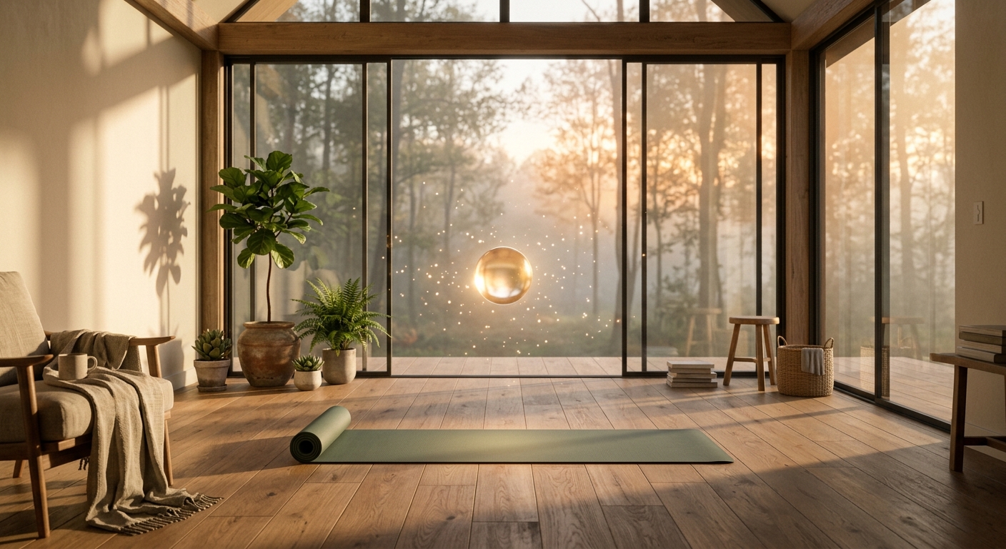 A sunlit home practice space with a floating glass orb on a yoga mat