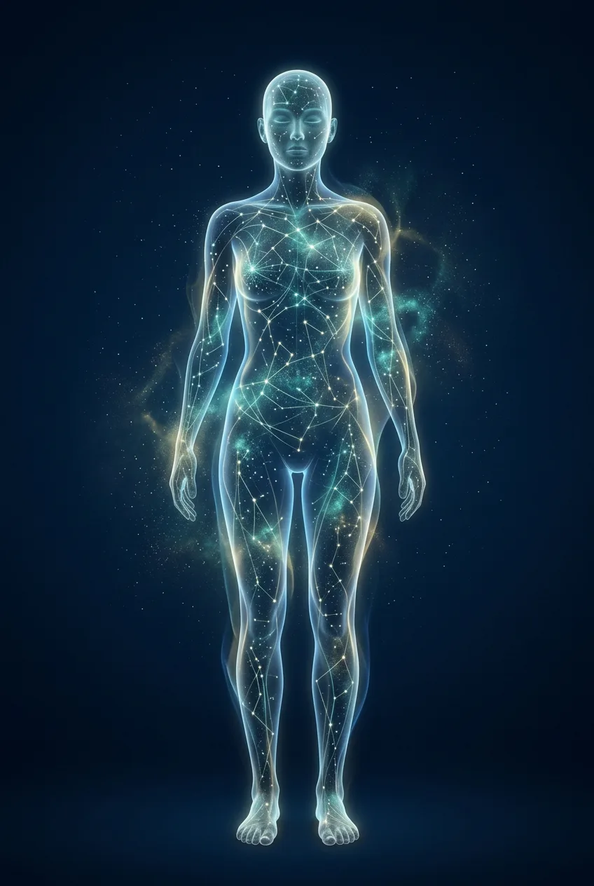 An ethereal human figure formed of fine glowing constellation lines, breathing gently, representing integrated wellbeing