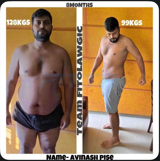 Avinash's before and after transformation over 8 months, shared with consent