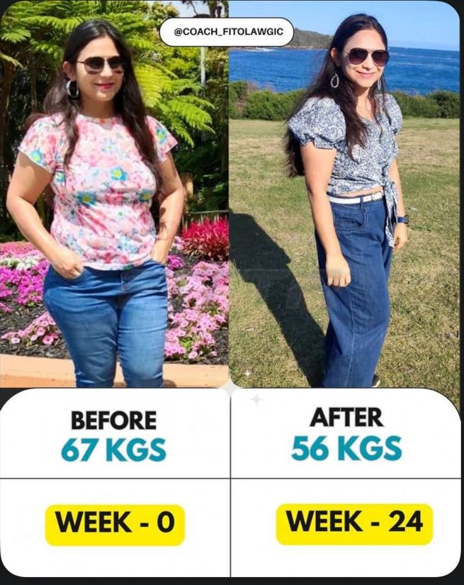 Kruti's before and after transformation over 24 weeks, shared with consent