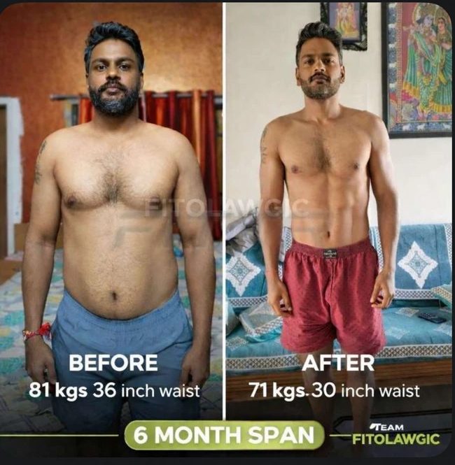 Nirav's before and after transformation over 6 months, shared with consent